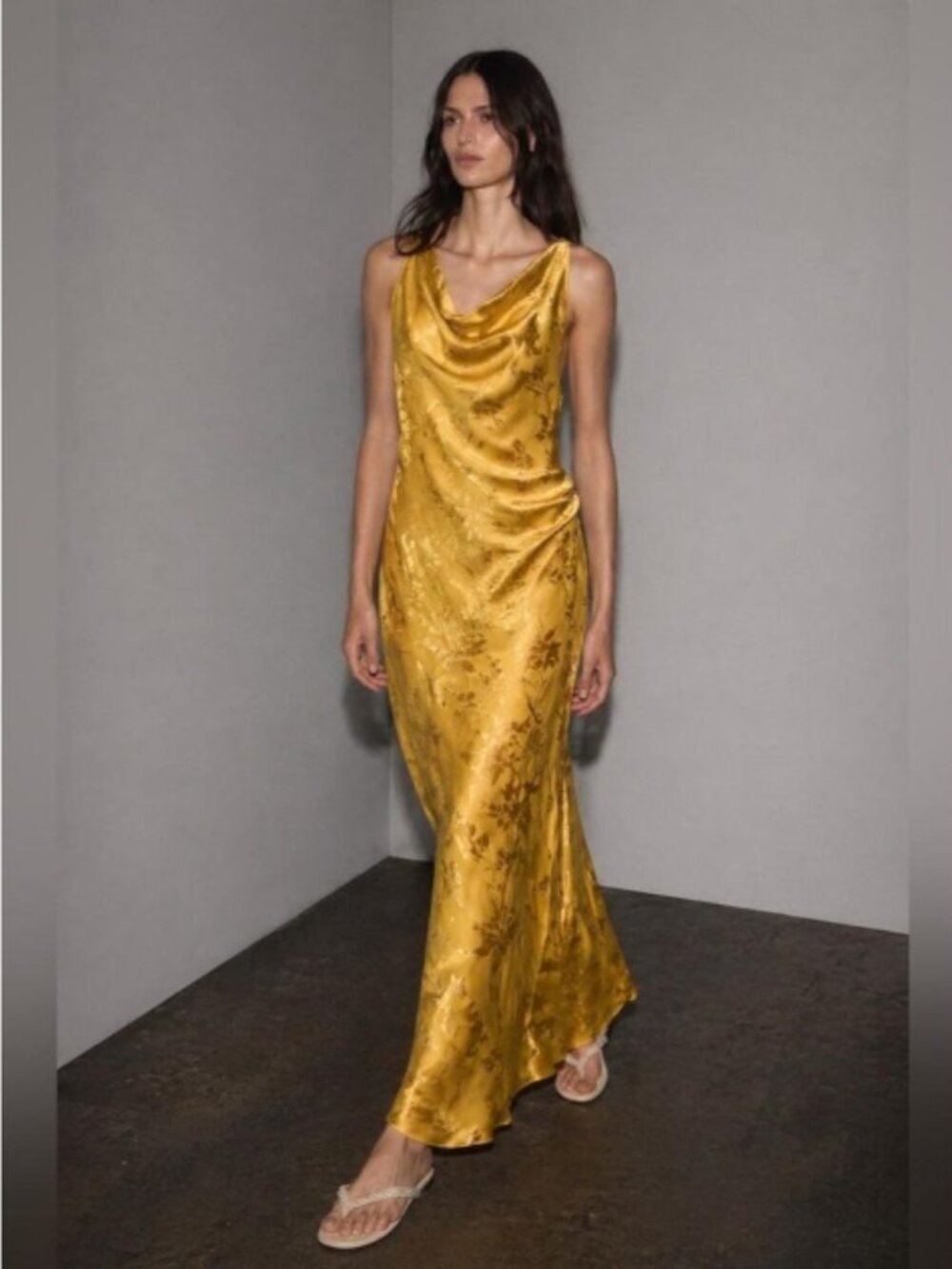 ZARA Satin Floral Jacquard Midi Maxi Dress Open Back Golden 8579/512 - Picture 6 of 16